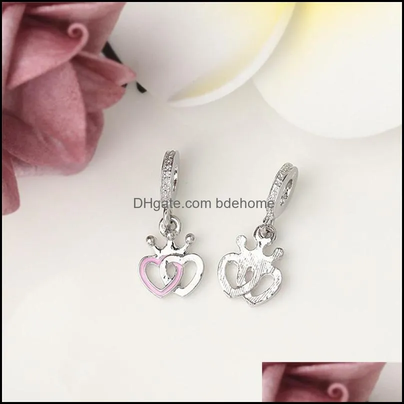 charm bracelet pink enamel double heart dangle silver enamel pendant loose beads dangle diy jewelry 2198 t2