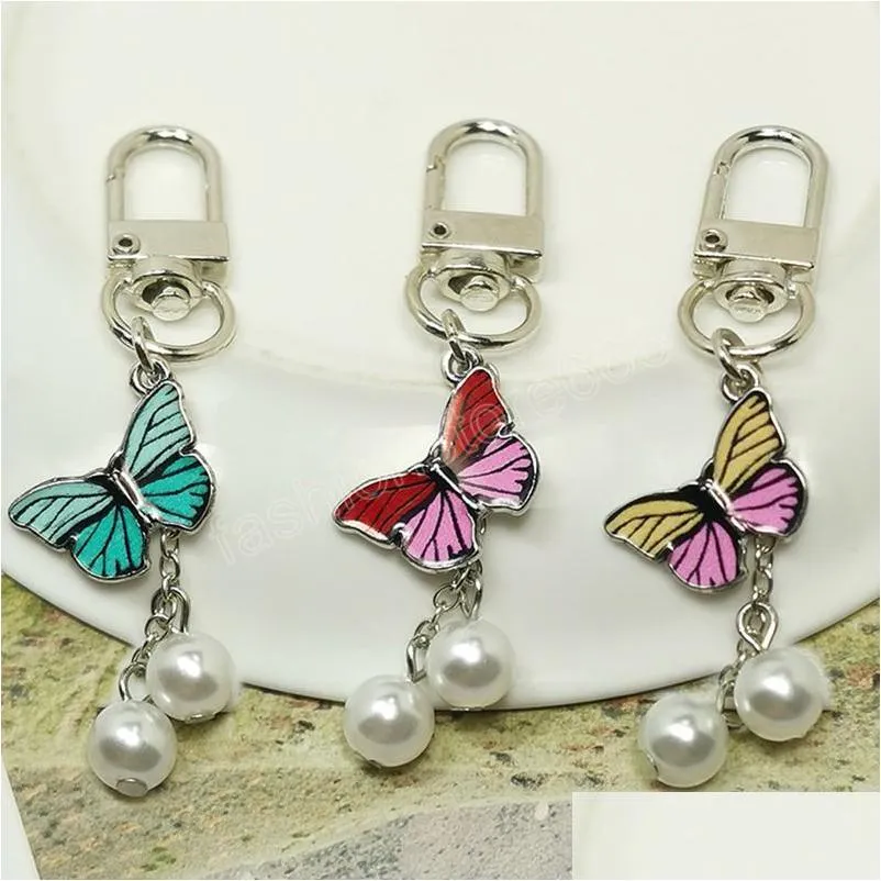 colorful imitation pearl butterfly pendant keychain insects car key chain women bag charms accessories jewelry gifts