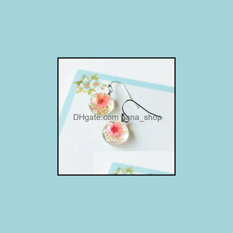 dandelion dried flowers dangle earrings 5 colors real daffodils flower earring glass ball pressed earing jewelry gift wholesale