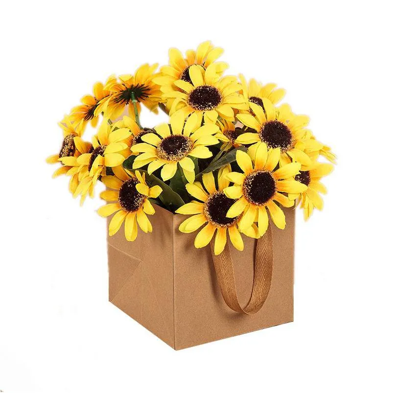 brown kraft flowers paper packing bags square paper bag with handle flowers packing bag in stock