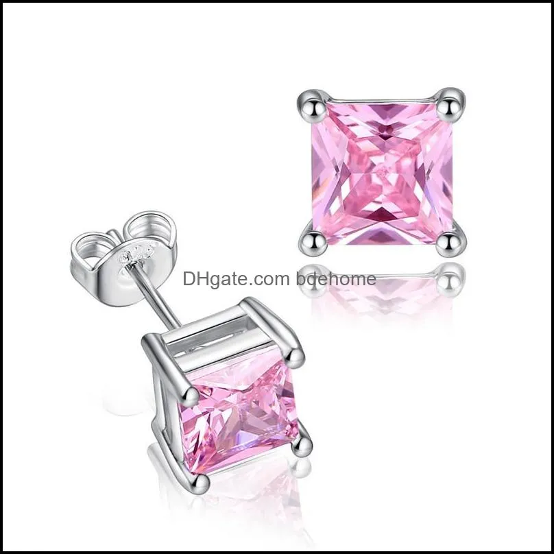 fashion square cz zircon stud earrings for women 5mm8mm zircon small silver pink color earring minimalist design party jewelry