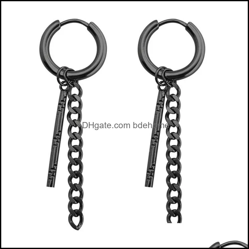 fashion jewelry mens earrings stainless steel dangle chandelier chain cross round black earrings mens creative style 3712 q2