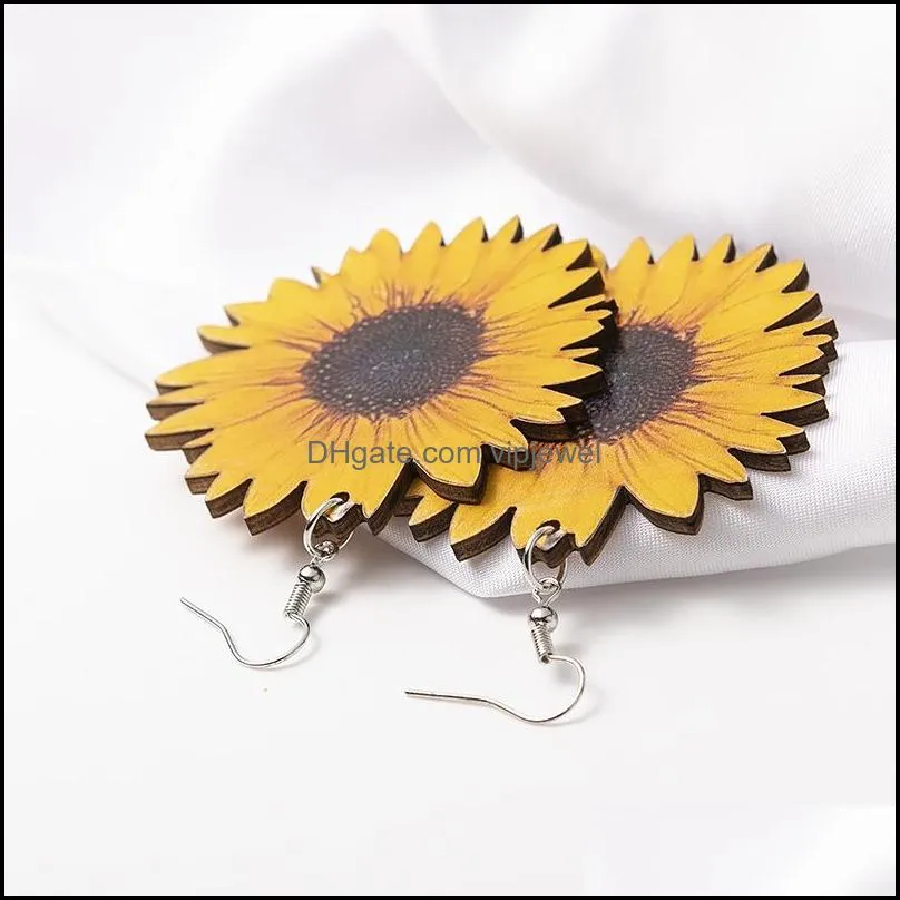 creative wood sunflower charm for women yellow big daisy sunflower statement earring fashion jewelry friend birthday gifts