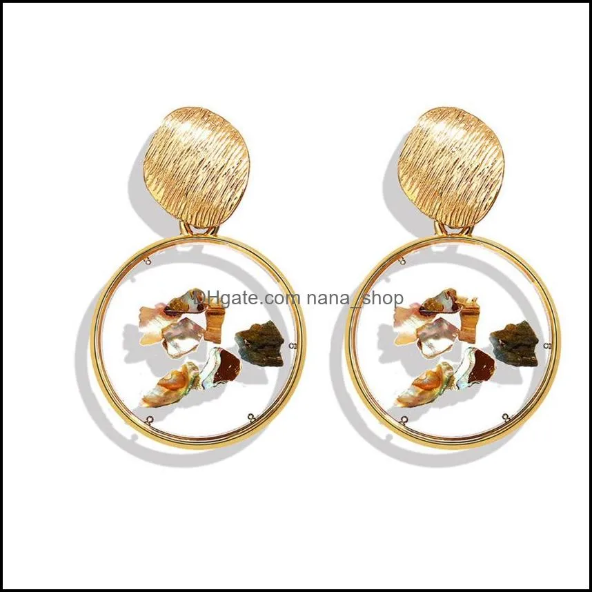  creative retro alloy transparent inlaid broken shell dangle earrings geometric irregular female personality fashion ear jewelry