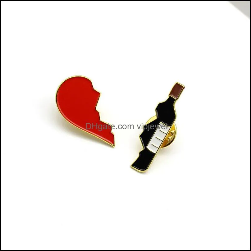 designer 2pcs/set broken heart wine bottle brooch cute metal red black enamel brooches pins fit denim jacket bag pin badge jewelry