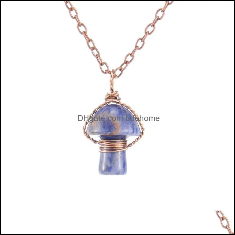 silver bronze wire wrap carving mushroom pendant reiki healing crystal tiger eye rose quartz opal aventurines necklace for women