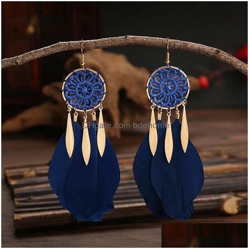 bohemian fashion jewelry for women handmade vintage dreamcatcher earrings feather tassel dangle earrings