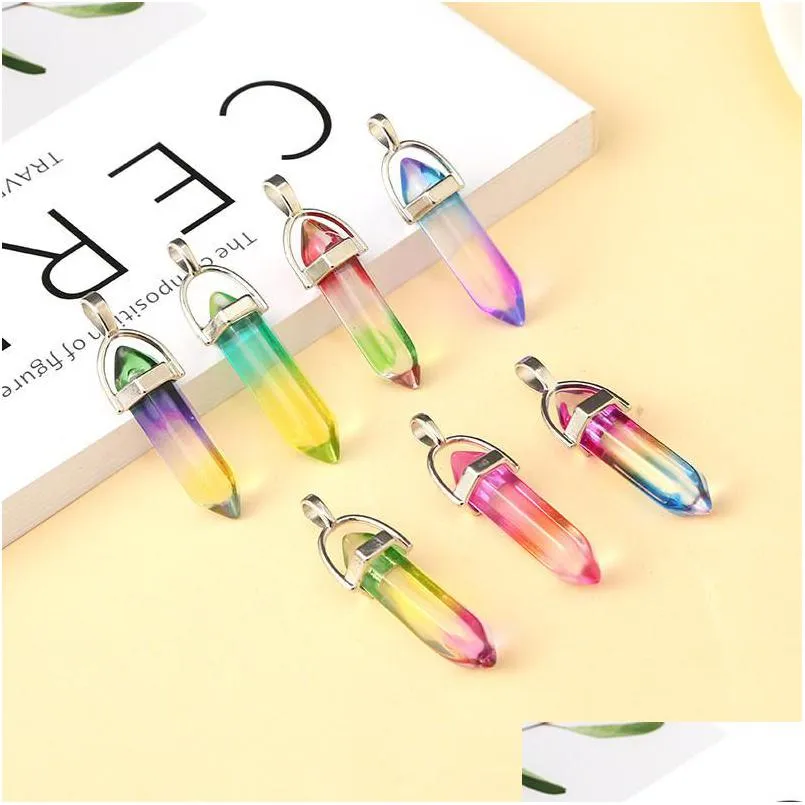 colorful rainbow glass charms hexagon prism pillar pendants for jewelry making diy necklace earrings gifts