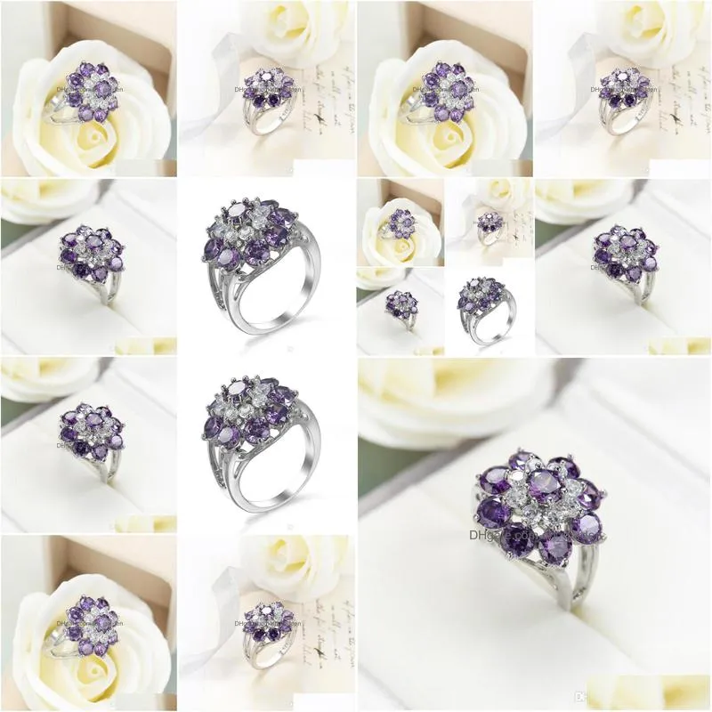 925 silver platinum plated purple carystal amethyst zircon gift party ring ly10984