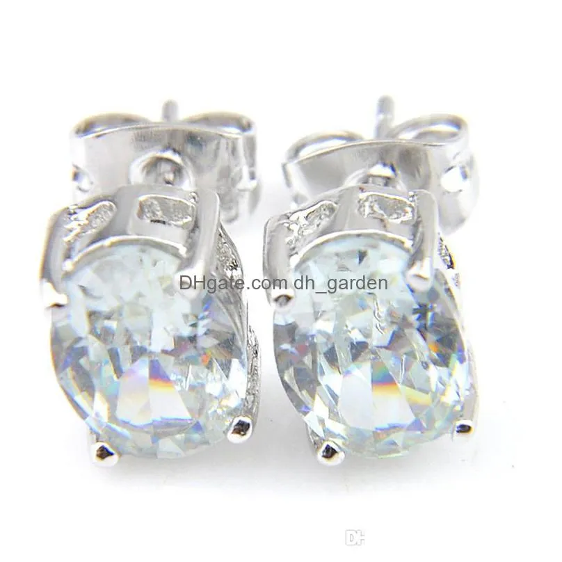 luckyshine 6x8mm oval white topaz gems 925 sterling silver plated stud earrings woman wedding jewelry stud earrings 