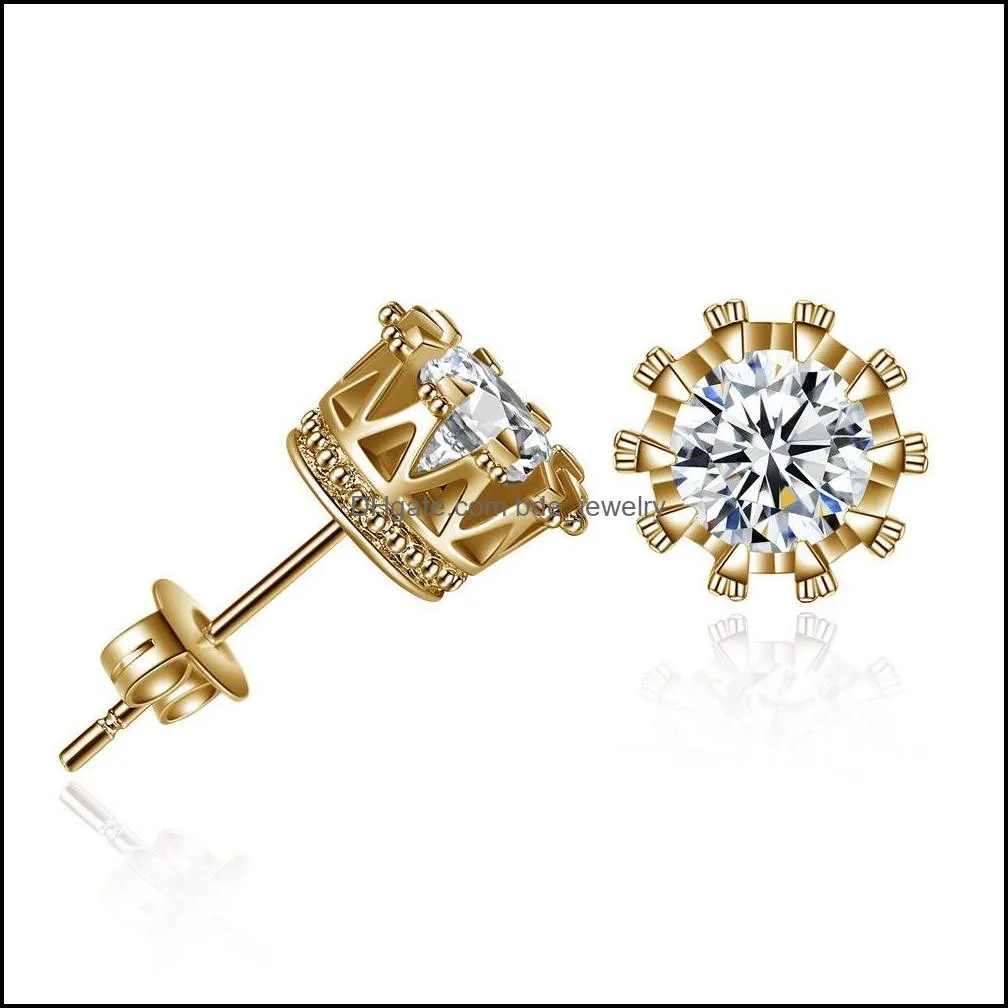 trendy crown stud earrings women classic shining zircon small stud earring gold color ears for men fashion crystal earrings jewelry