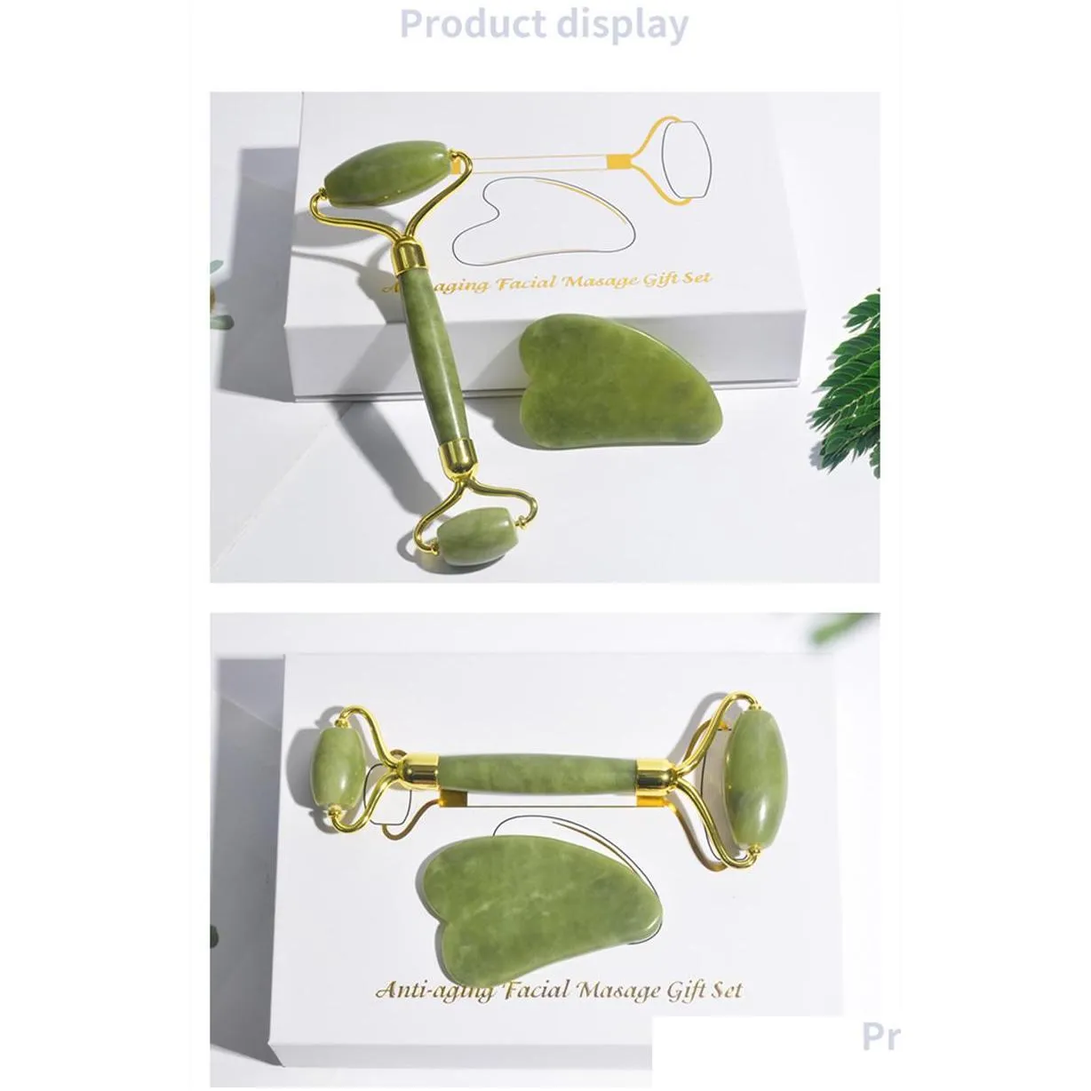 wholesale natural jade roller thin face massager lifting tools slim facial gua sha green stone antiaging wrinkle skin beauty care set