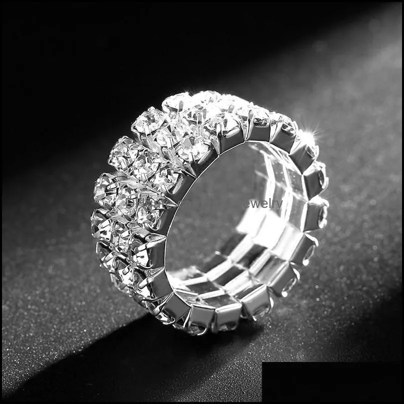 fashion 3 rows crystal rings for women men elastic finger ring creative golden silver ring party wedding couple jewelry