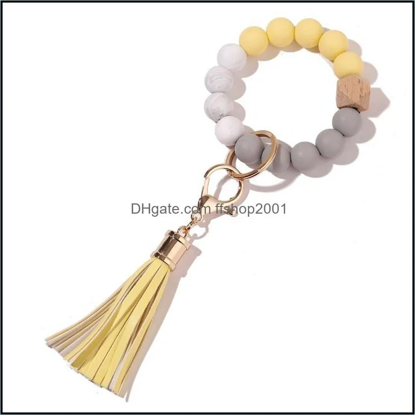 summer silicone elastic wooded beads key rings bracelet charm tassel pendant keychain wristlet bracelets bangle q264fz