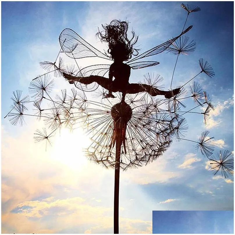 garden decorations fairy dancing with dandelion decoration metal art mythical faery landscape sculpture statue outdoor yard lawn home