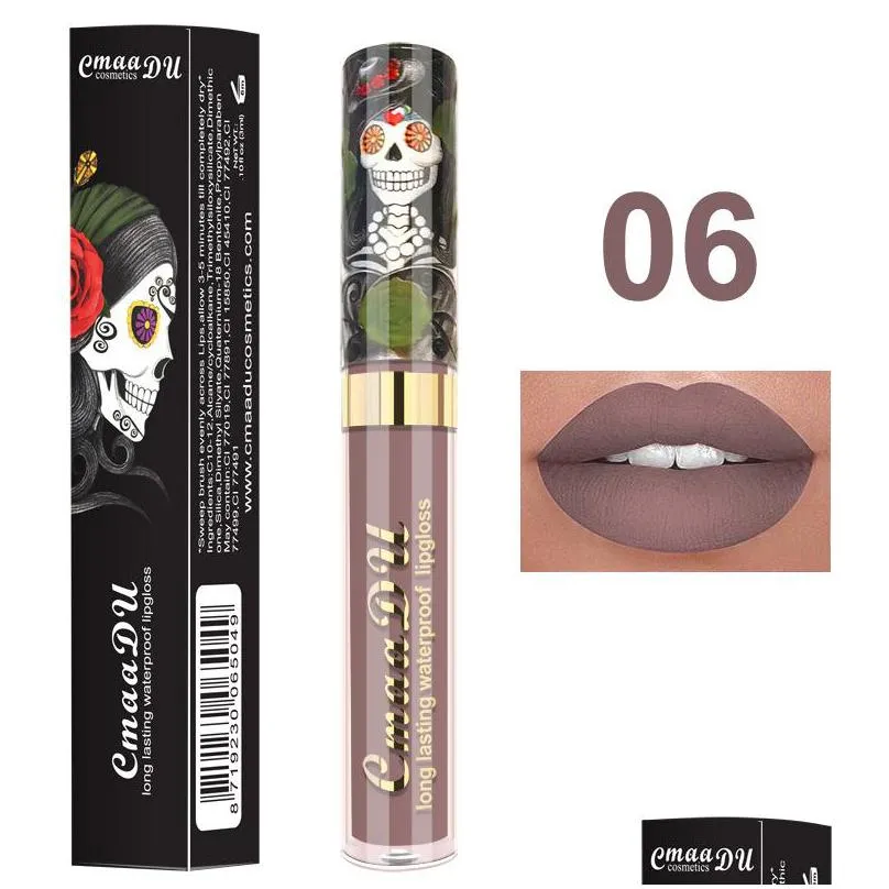 cmaadu waterproof long last lip gloss vampire style matte metal pearlescent skull design natural nutritious makeup lipgloss wholesale