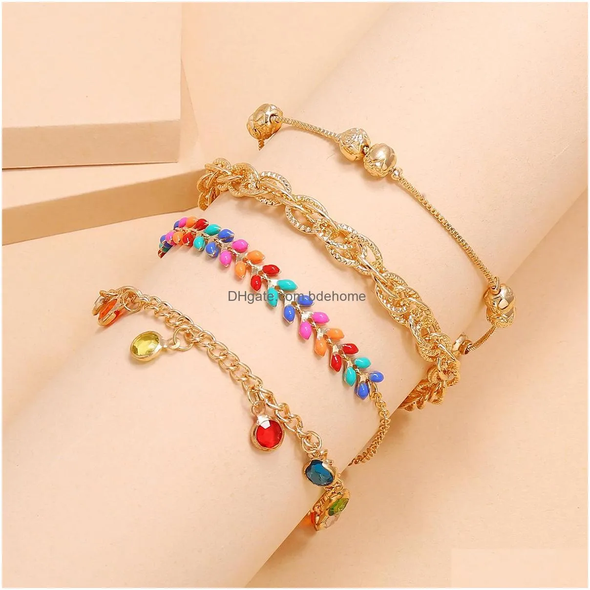 bohemian fashion jewelry 4pcs/set anklet set leaves beaded rhinstone exotic handmade beads chain anklet set