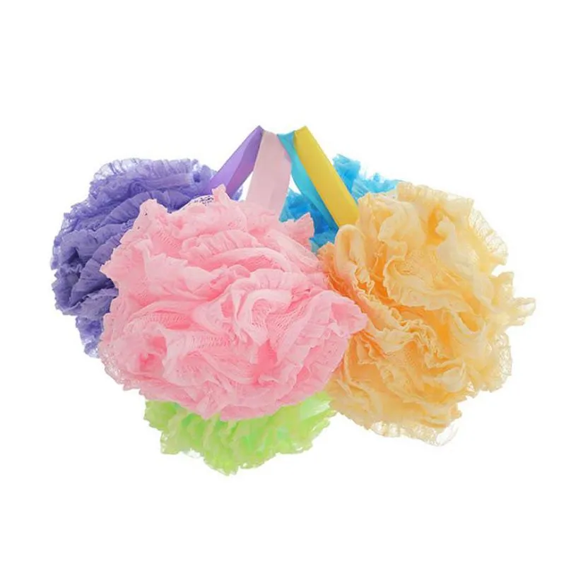 high quality lace mesh pouf sponge bathing spa handle body shower scrubber ball colorful bath brushes sponges