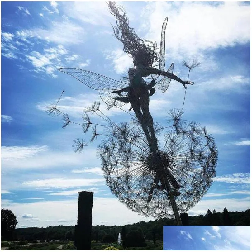 garden decorations fairy dancing with dandelion decoration metal art mythical faery landscape sculpture statue outdoor yard lawn home