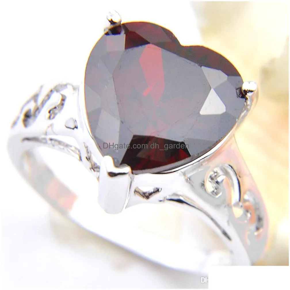 5 pcs lot mothers gift classic cut heart shaped red garnet rings 925 sterling silver plated for women zircon rings jewelry