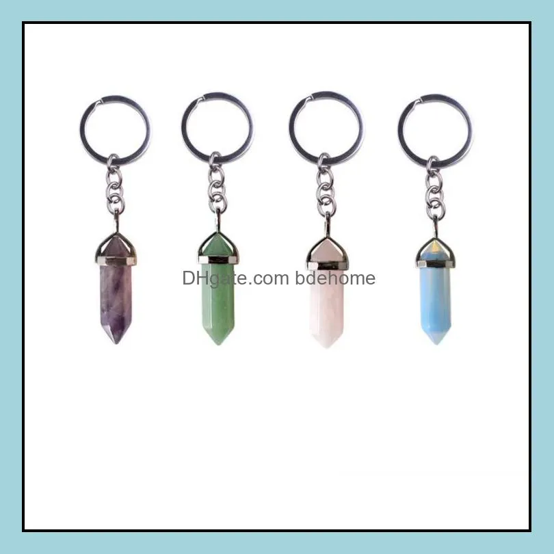 natural stone hexagonal prism keychains healing amethyst pink crystal car decor key rings key chain keyholder for women men