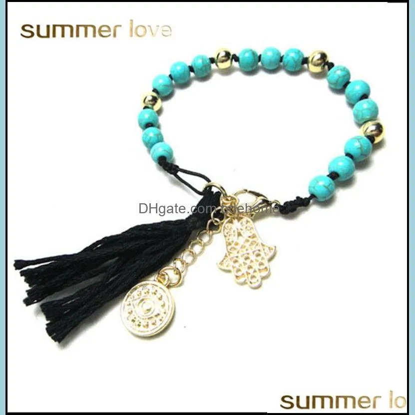turquoise braided rope chain tassel hand palm pendant bracelet for women fashion natural stone beads bracelets 3583 q2
