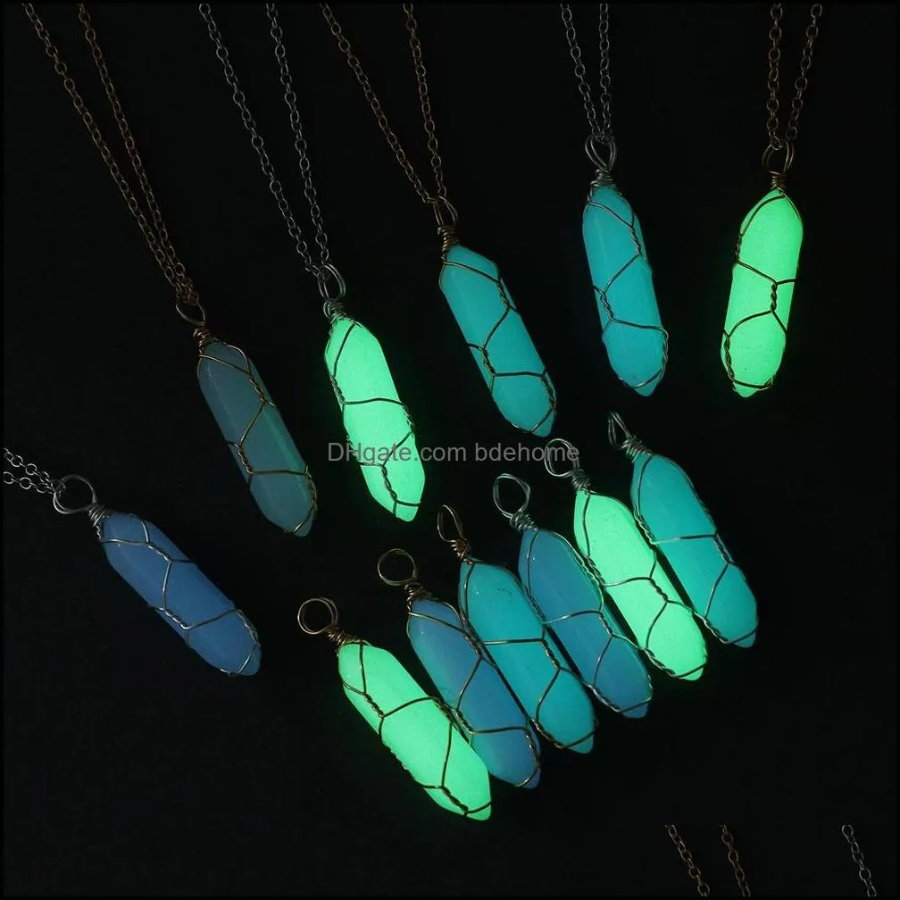 wire wrap pendant necklace dark luminous natural stone fluorescent hexagonal column necklace glowing in dark jewelry