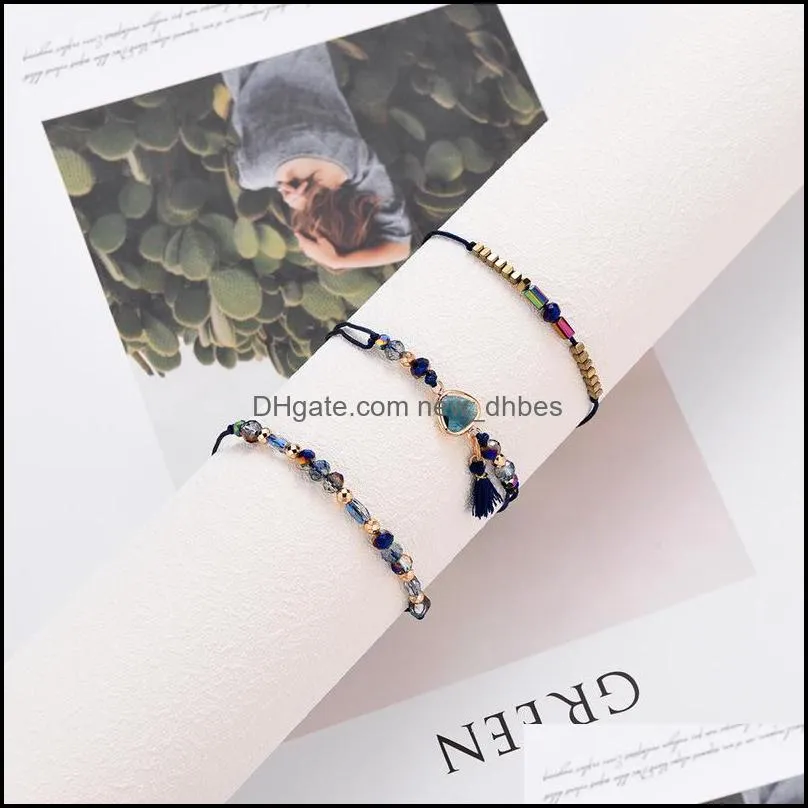 trendy transmit love 3pcs/lot wax bracelet for woman natural stone crystal rice beads woven bracelet with heart shape charm wholesale