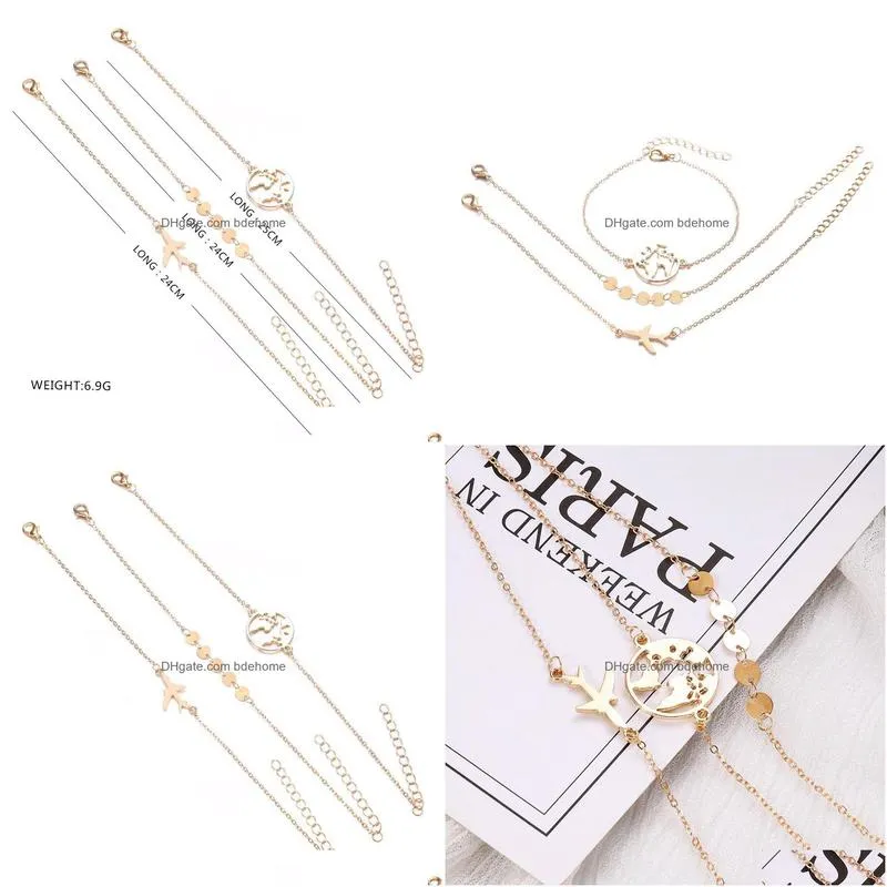 fashion jewelry bracelet set metal plane map wafer chain bracelets 3pcs set