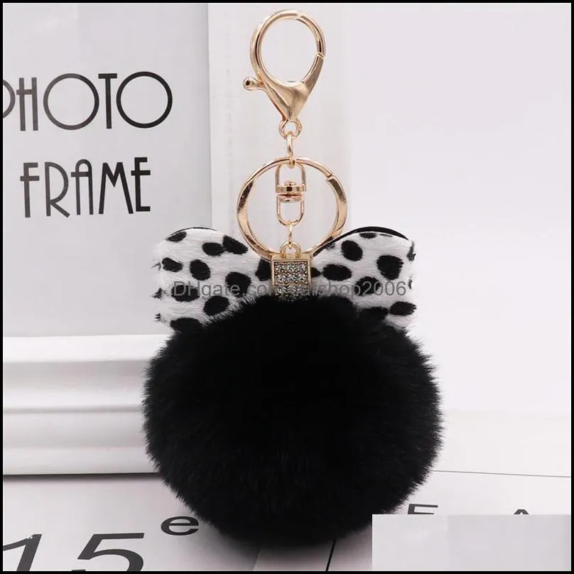 8cm rabbit fur pompoms key rings fashion leopard bowknot keychain plush fluffy ball keyring holder for bag accessories p26fa