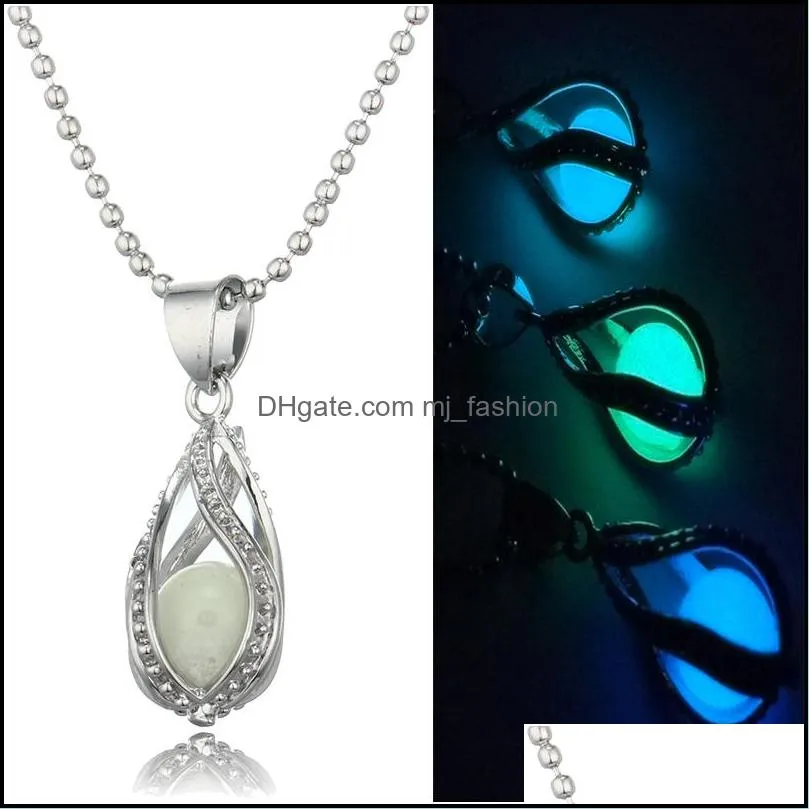  glow in the dark pearl cage pendant necklaces open hollow luminous water drop charm locket bead chain for women s fashion jewelry