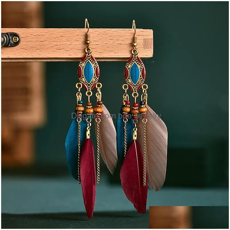 bohemian fashion jewelry feather earrings vintage handmade chain tassels beads feather dangle earrings