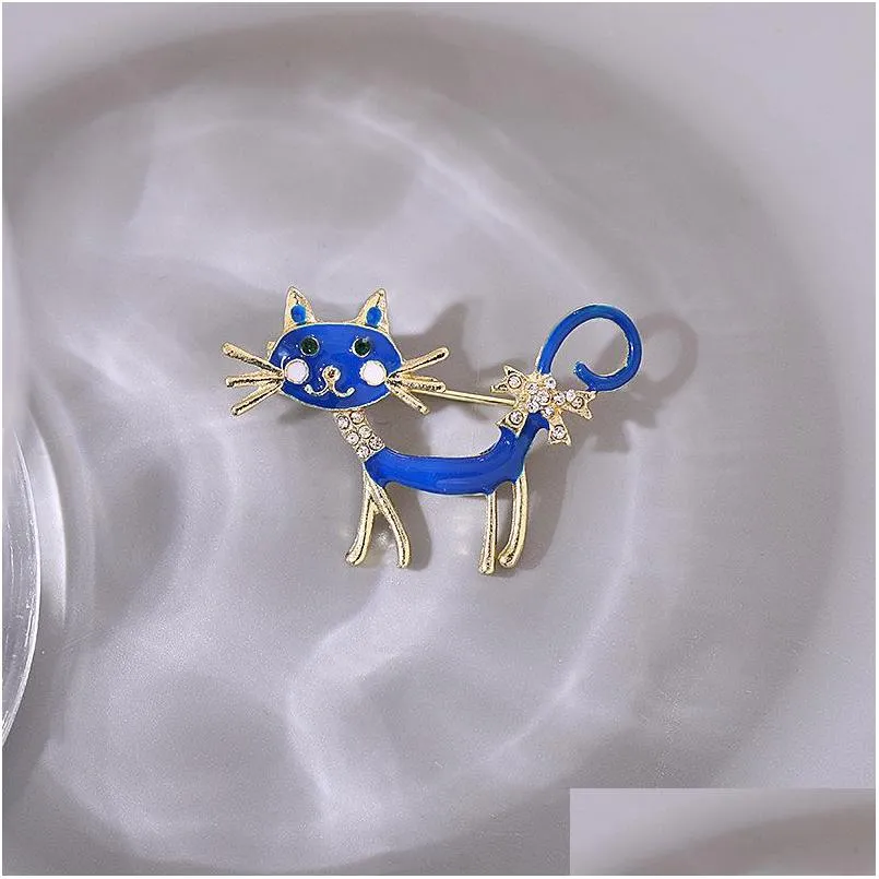 fashion jewelry cartoon cat brooch rhinestone blue cat breastpin lady accessories