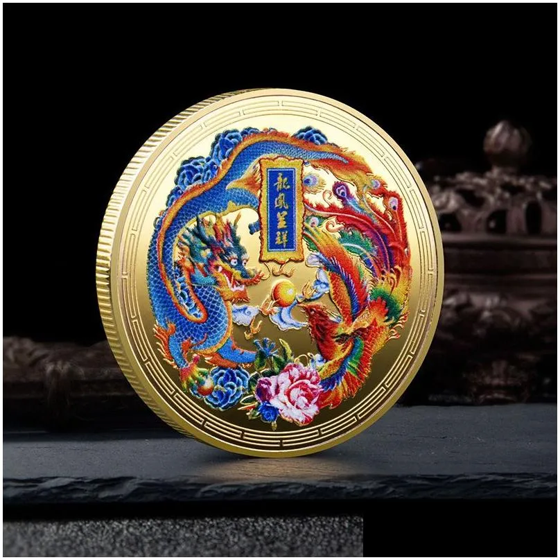 chinese coin with dragons and phoenix 45mm collectibles coins lucky commemorative medal gold plated souvenir for decor feng shui