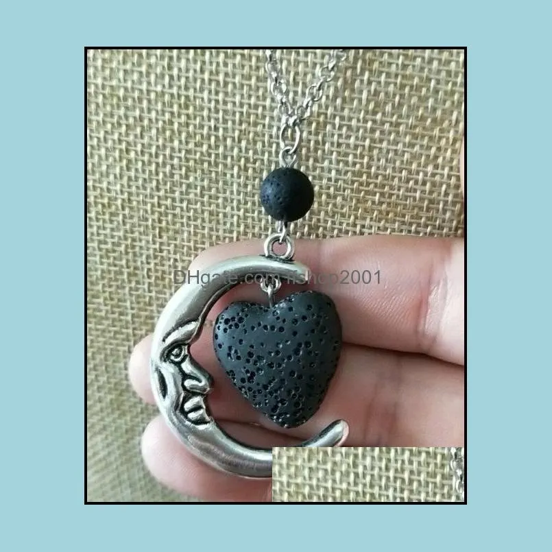 fashion silver color heart lava stone moon diffuser necklace volcanic rock aromatherapy essential oil diffuser necklace for women