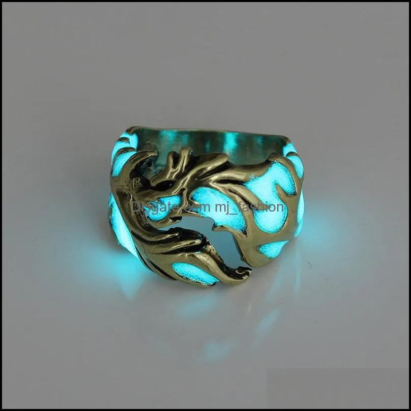 vintage mens glowing in the dark rings retro luminous dragon ancient bronze silver adjustable ring for male s punk jewelry