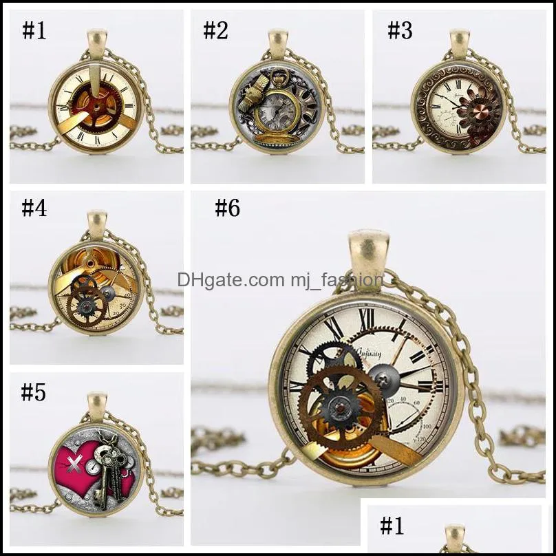  fashion punk bronze floating necklaces men gear dial vintage glass pendant necklace for women jewelry accessories