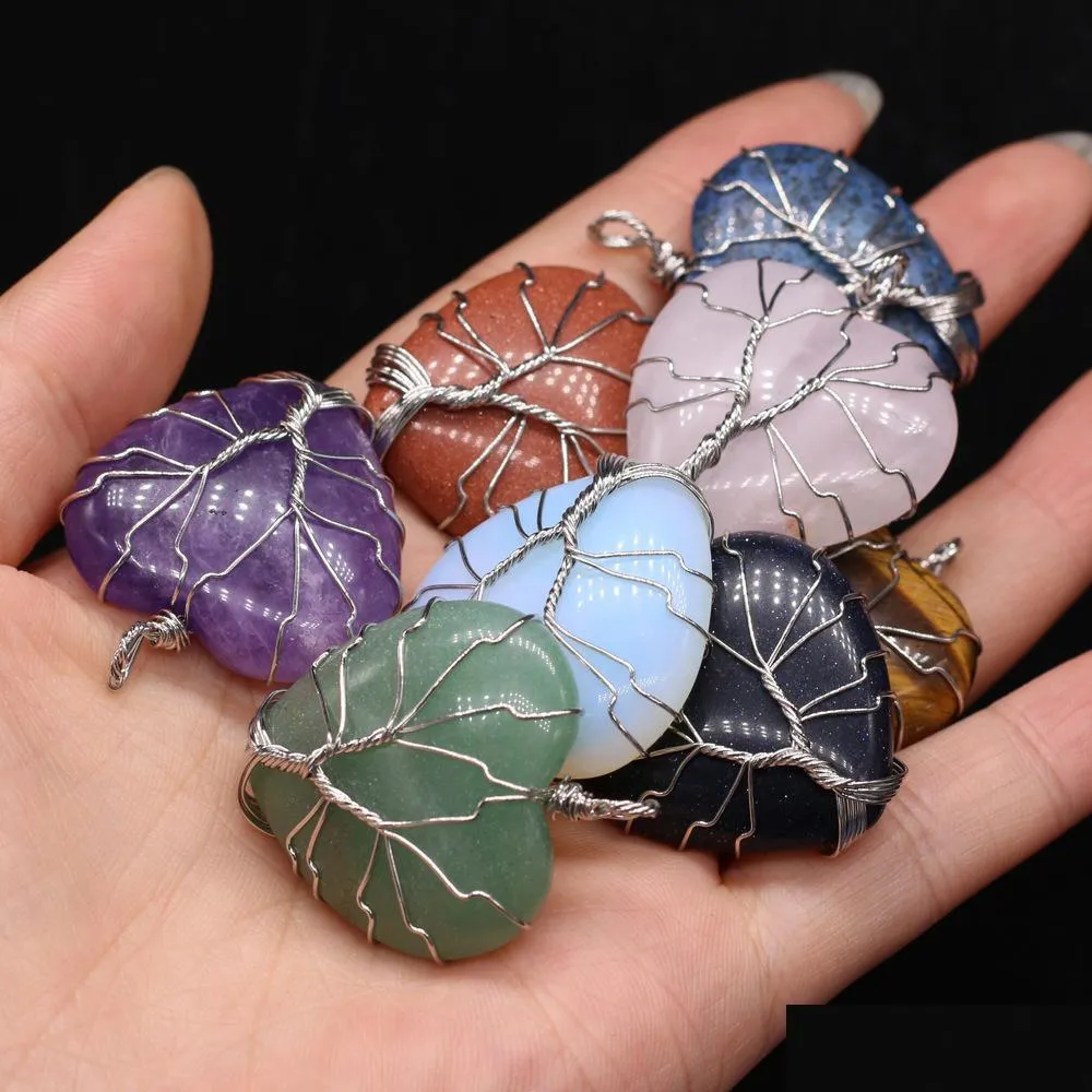 natural stone tree of life wire wrap heart charms rose quartz healing reiki crystal pendant diy necklace earrings women fashion jewelry finding
