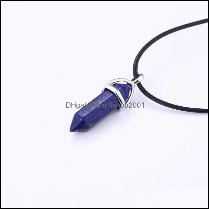24colors hexagonal crystal pink purple quartz natural stone pendant pu leather chains chakra necklace for women fine jewelry