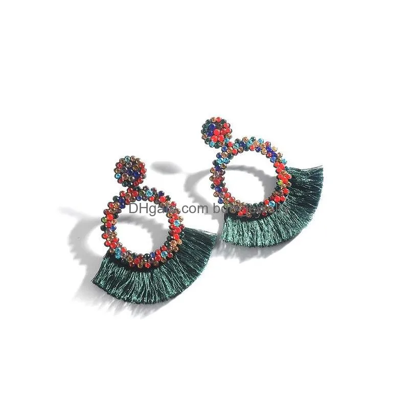 bohemian fashion jewelry thread tassel earrings vintage colorful rhinstone stud earrings