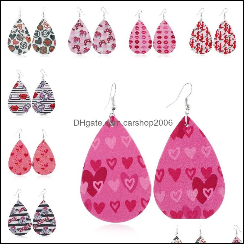 romantic valentines day dangle earrings printing heart love letter pattern pu leather teardrop earring for women gift u63fya