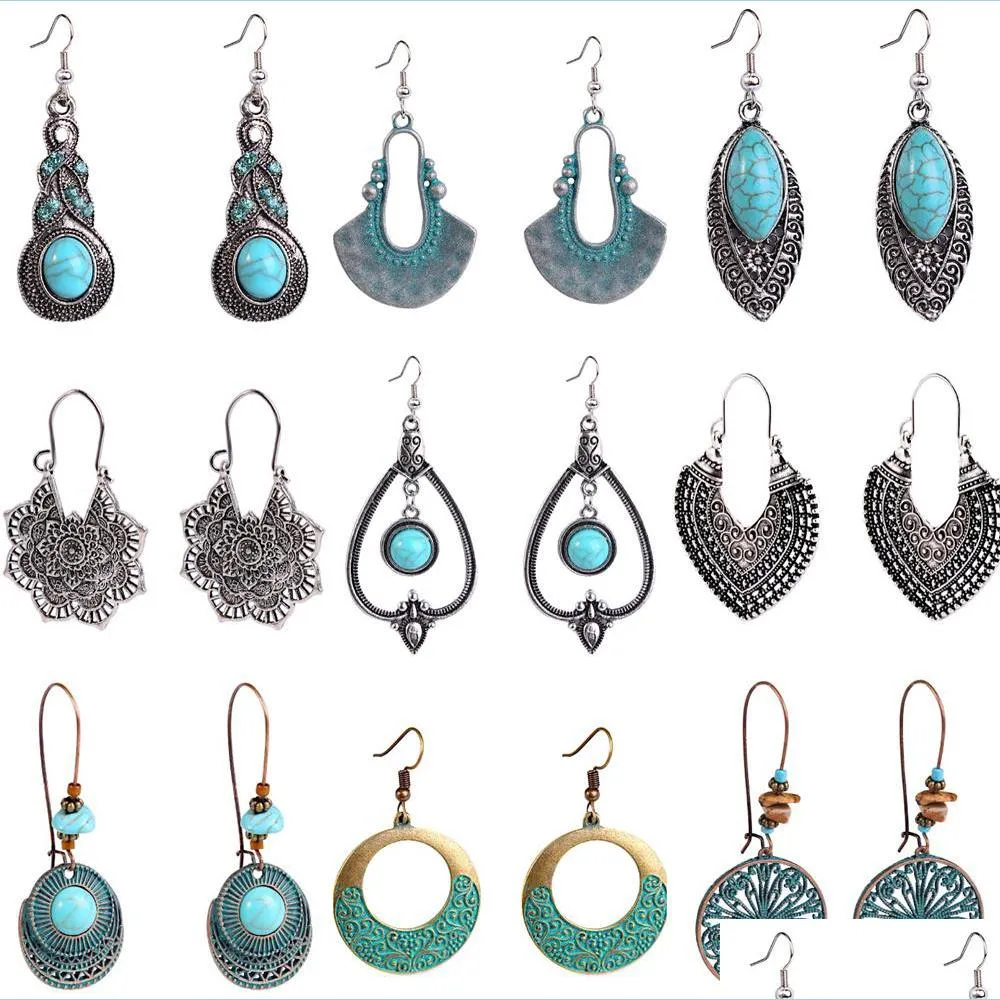 bohemian style retro turquoise jewelry set vintage dangle earrings korean velvet autumn and winter long sweater necklace female metal sliver ear hook