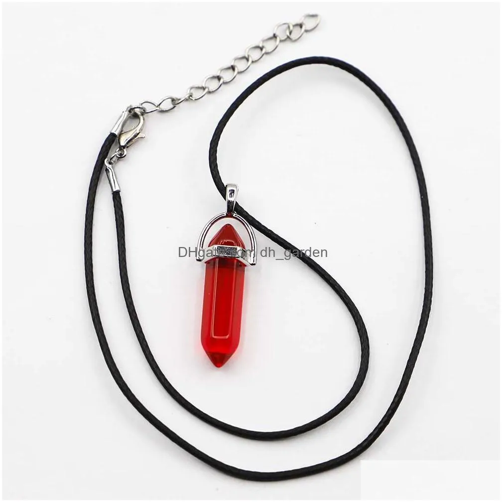 rainbow glass hexagonal column point leather cord necklace pendant cylindrical charms minerals healing crystal jewelry