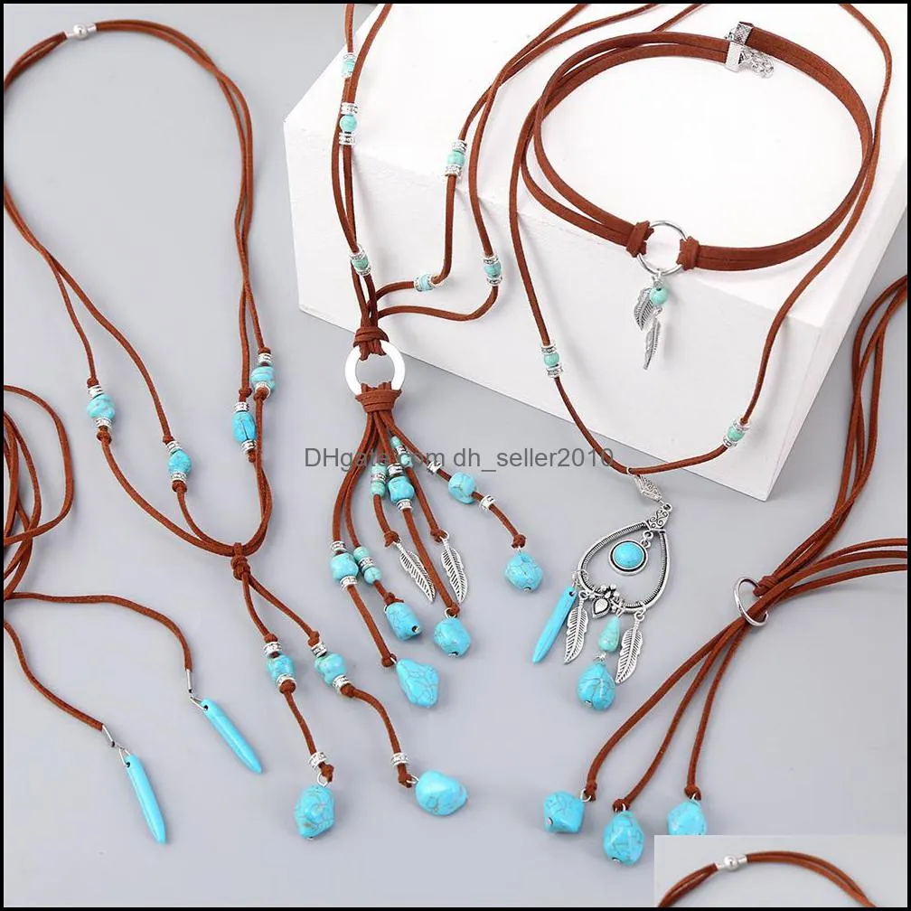 bohemian style retro turquoise jewelry set vintage dangle earrings korean velvet autumn and winter long sweater necklace female metal sliver ear hook