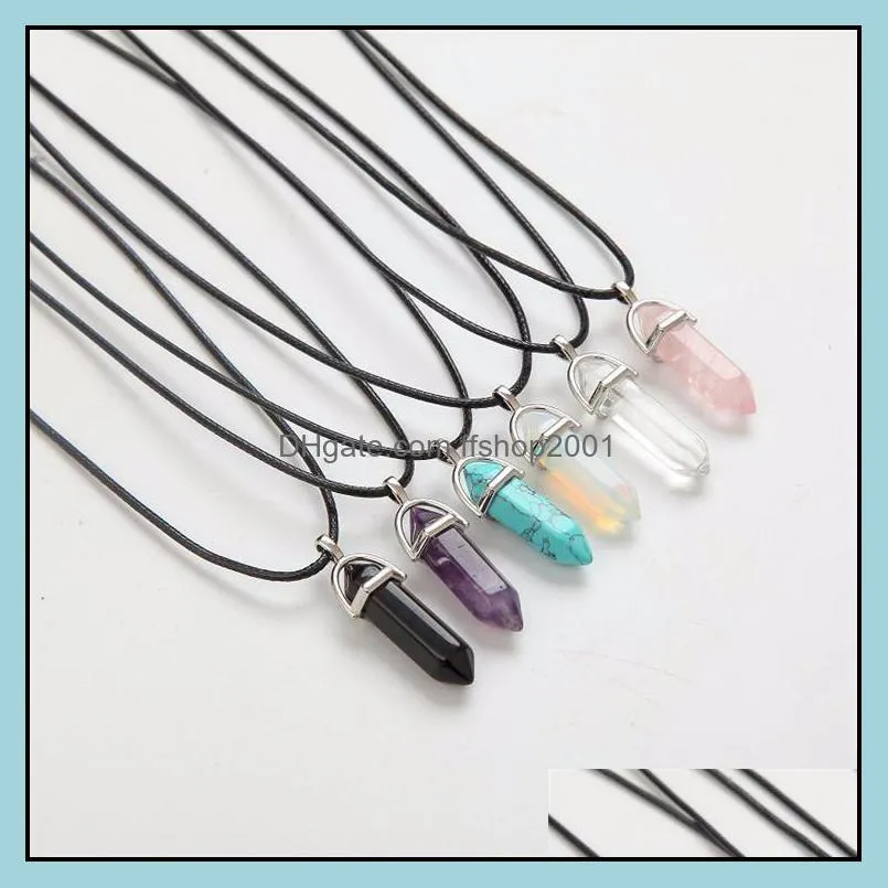 24colors hexagonal crystal pink purple quartz natural stone pendant pu leather chains chakra necklace for women fine jewelry