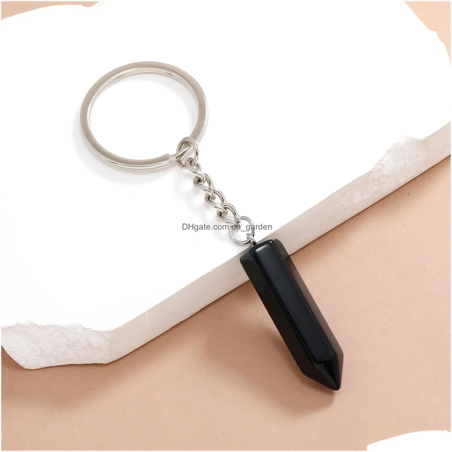 hexagonal column key ring natural stone opal crystal gem keychain for women men personality accessories