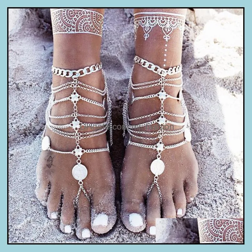  punk heavy metal anklets women coins multilayer tassel beach foot chains anklet for women sexy fashion jewelry accessories