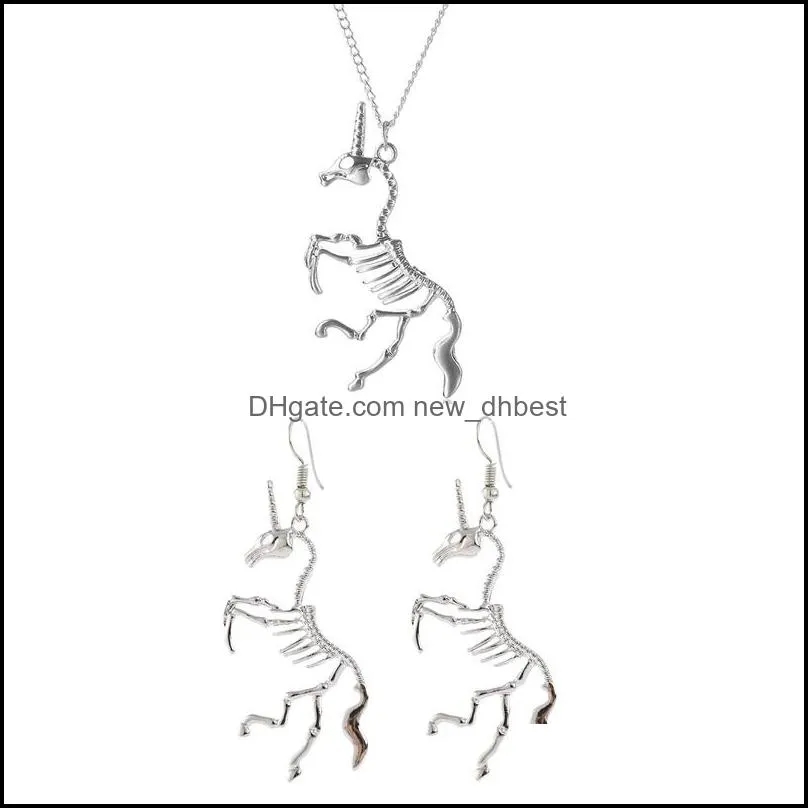 creative hyperbole horse skeleton pendants necklaces earrings jewelry set women personality punk alloy necklace