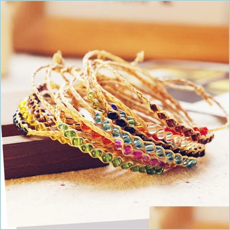 charm bracelets fashion braided rainbrow 12 beads raphia bracelets jewelry friendship love lucky grass crystal women bracelets 586 q2