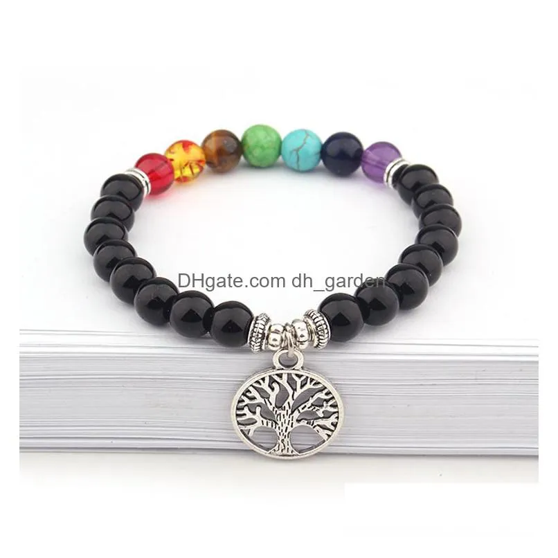 tree of life charms 8mm black stone strand 7 colors chakra bead yoga buddha bracelet for women men jewelry